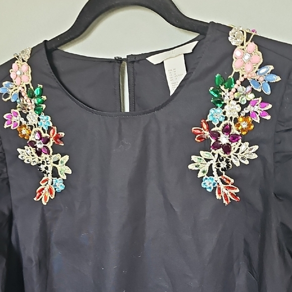 H&M Jeweled Gem embellished Black L/S Romantic Blouse NWT Size 14 - Picture 3 of 9